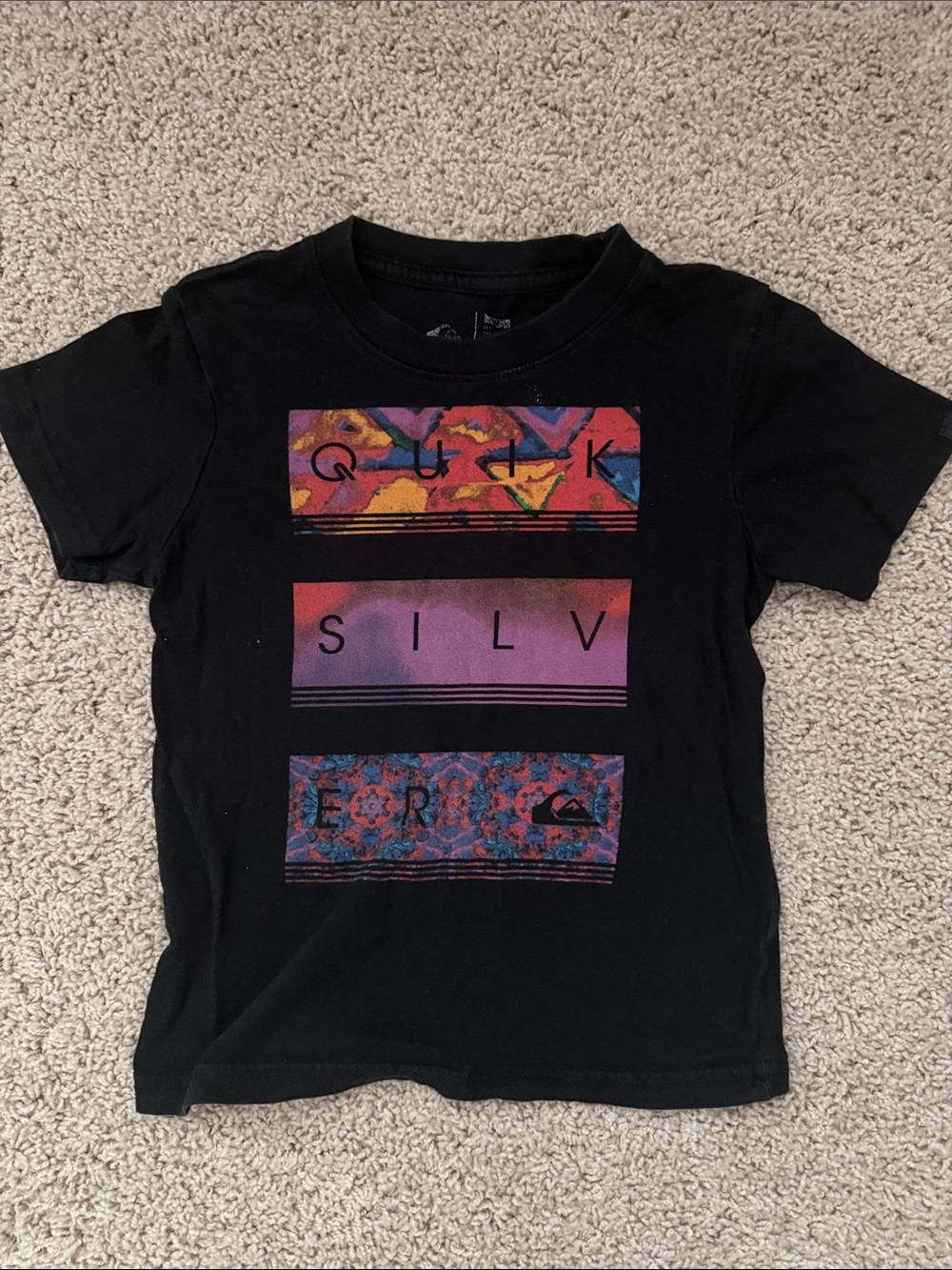 Quiksilver Black Tee with Multicolor Graphic Panels